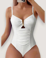 Pleated V-Neck High-Cut Swimsuit - Voldina