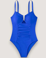 Pleated V-Neck High-Cut Swimsuit - Voldina