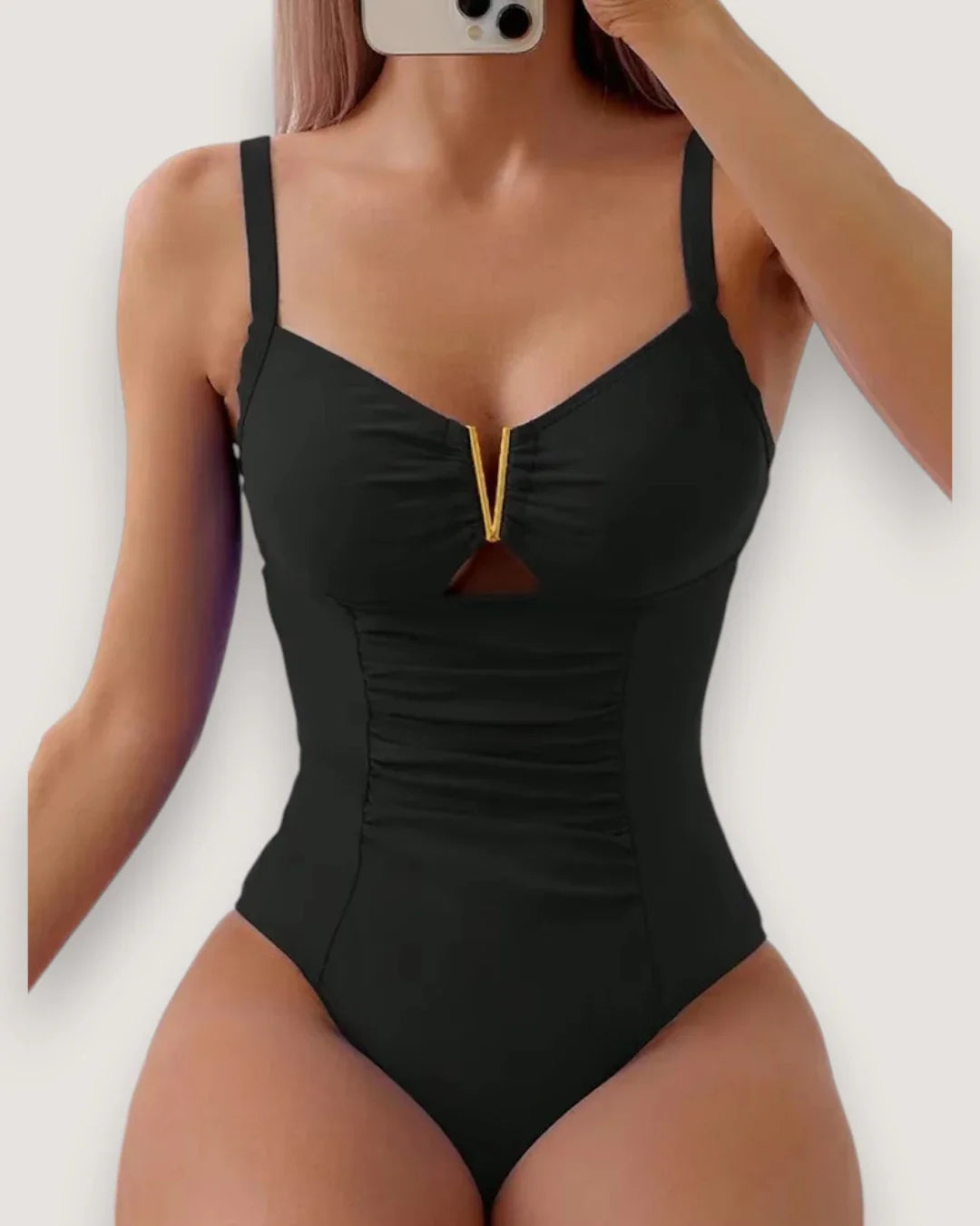 Pleated V-Neck High-Cut Swimsuit - Voldina