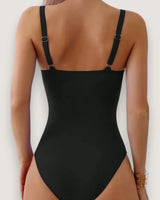 Pleated V-Neck High-Cut Swimsuit - Voldina