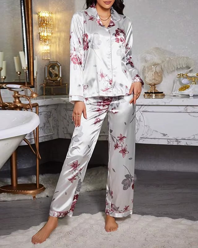 Floral Silk-Touch Satin Pyjama Set - Voldina
