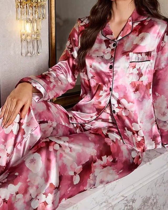 Floral Silk-Touch Satin Pyjama Set - Voldina