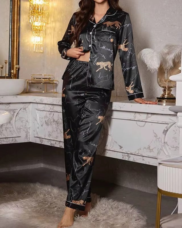 Midnight Leopard Satin Pyjama Set - Voldina