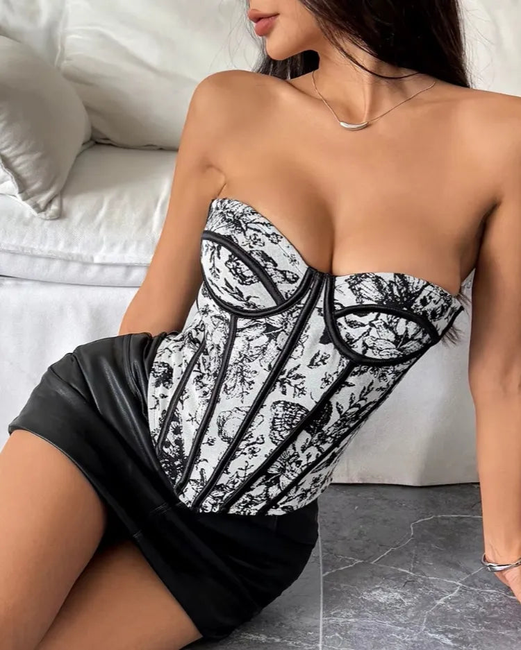 Floral Jacquard Corset Top - Voldina