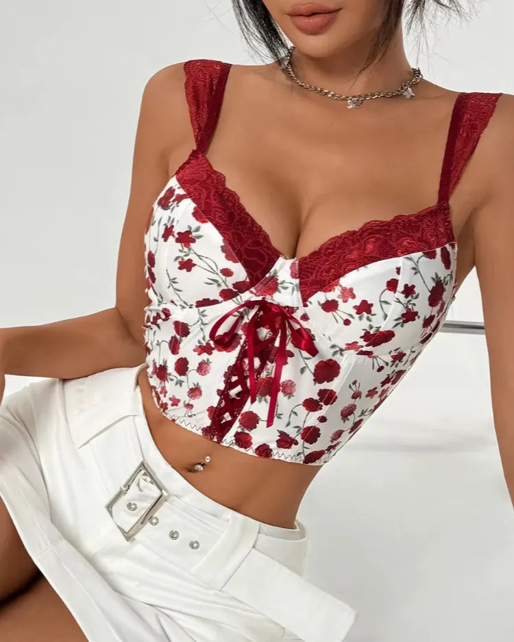 Floral Lace-Up Bustier Top - Voldina