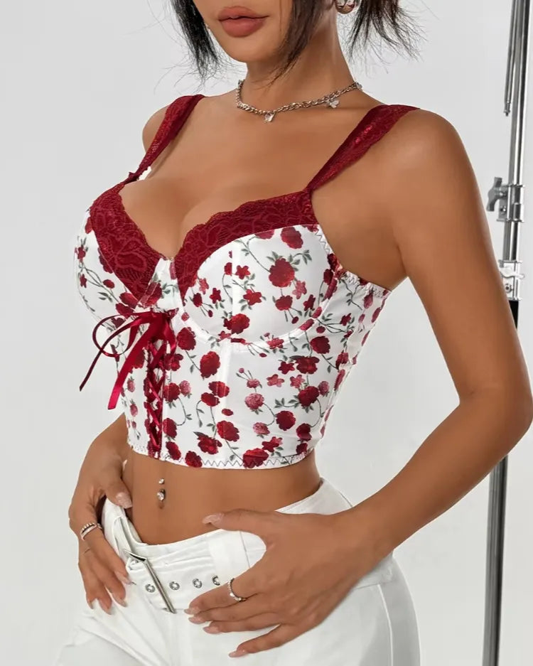 Floral Lace-Up Bustier Top - Voldina