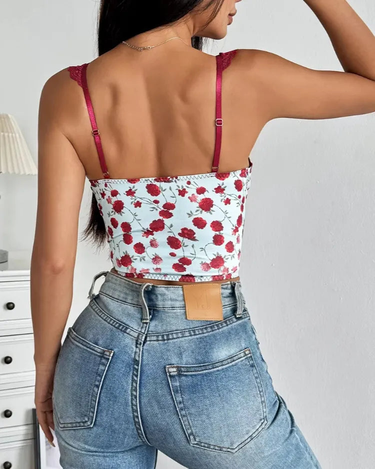Floral Lace-Up Bustier Top - Voldina