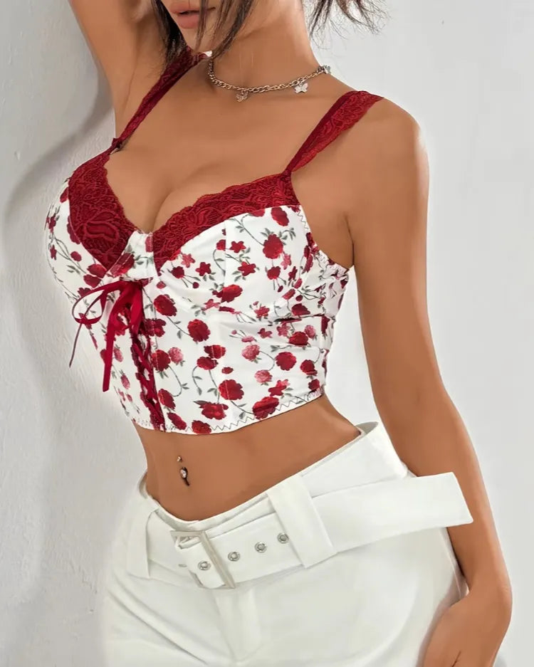 Floral Lace-Up Bustier Top - Voldina