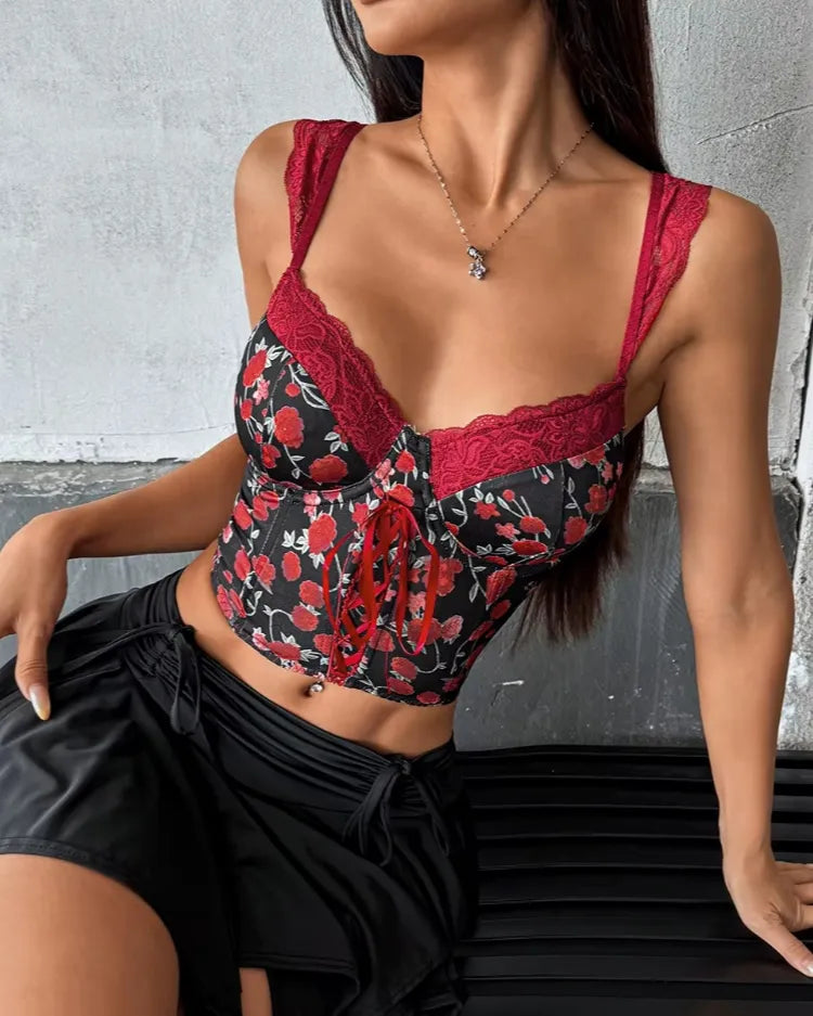 Floral Lace-Up Bustier Top - Voldina