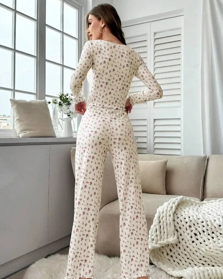 Floral Lettuce-Trim Pyjama Set - Voldina