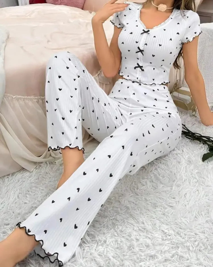 Heart Print Pyjama Set - Voldina
