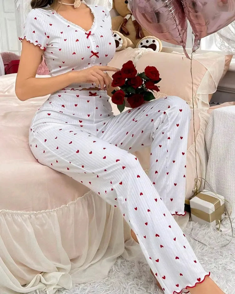 Heart Print Pyjama Set - Voldina