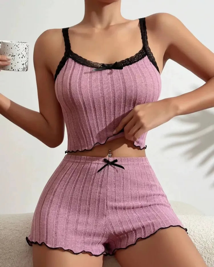 Lace-Trim Ribbed Pyjama Set - Voldina