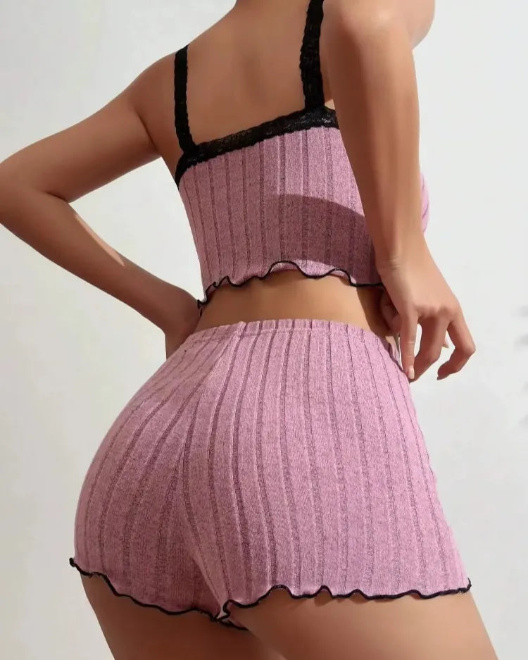 Lace-Trim Ribbed Pyjama Set - Voldina
