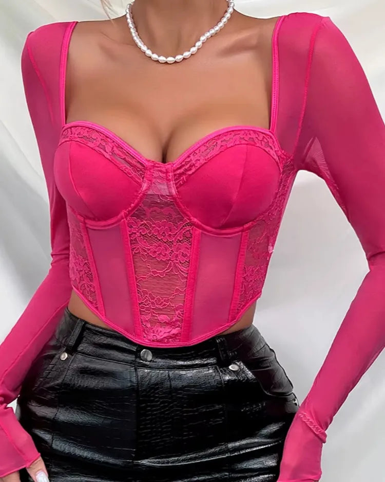 Long Sleeve Mesh Corset Top - Voldina