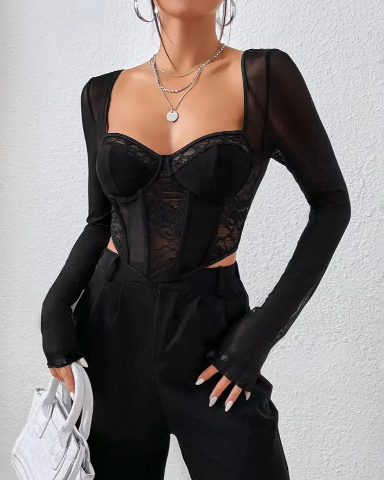 Long Sleeve Mesh Corset Top - Voldina