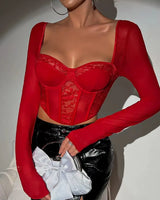 Long Sleeve Mesh Corset Top - Voldina