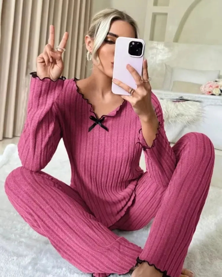 Ribbed Long-Sleeved Pyjama Set - Voldina