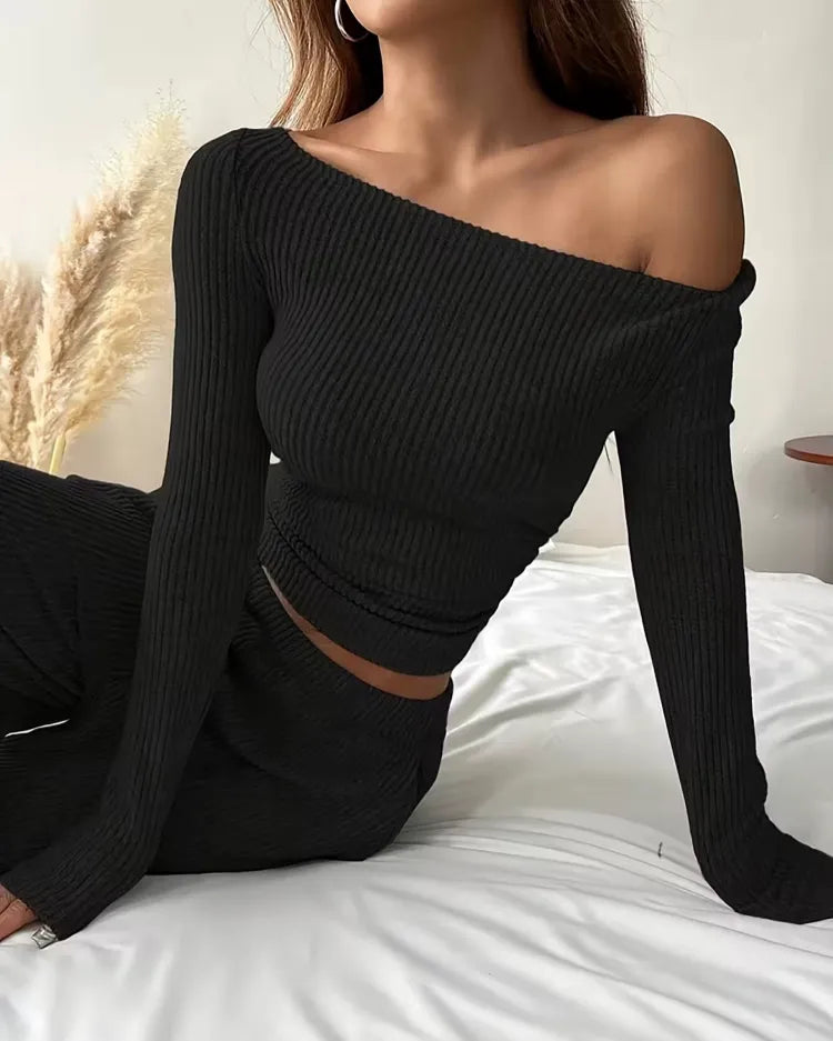 Ribbed Round-Neck Loungewear Set - Voldina