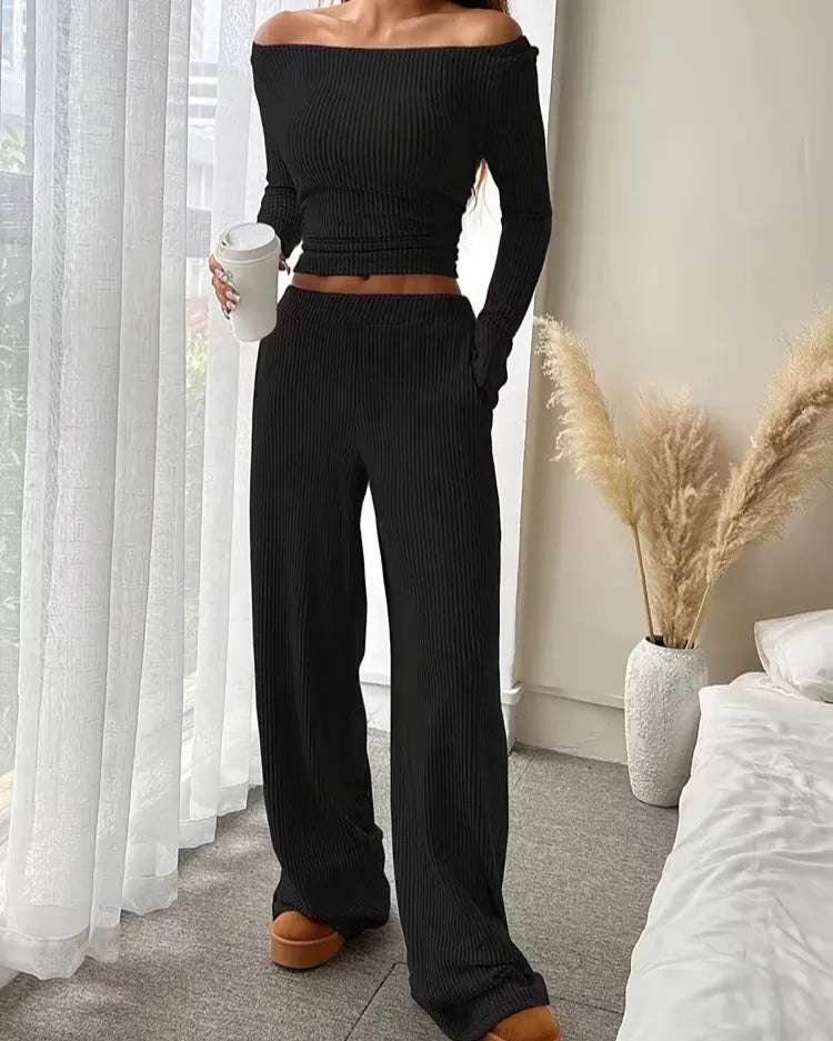 Ribbed Round-Neck Loungewear Set - Voldina