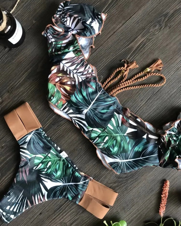Ribbed Ruffle Bikini Set - Voldina