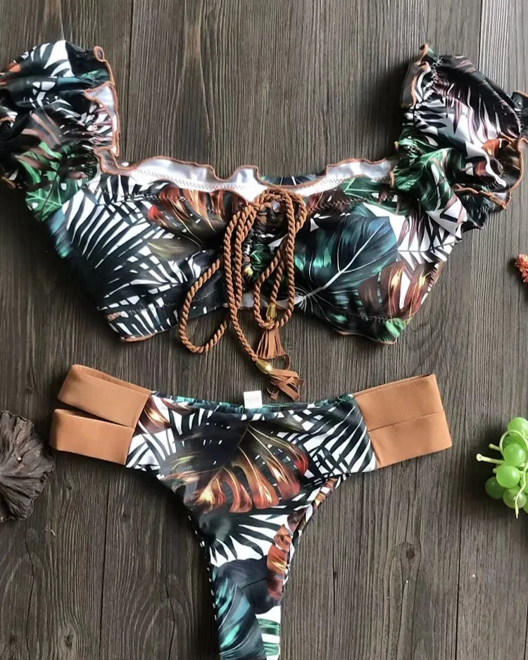 Ribbed Ruffle Bikini Set - Voldina