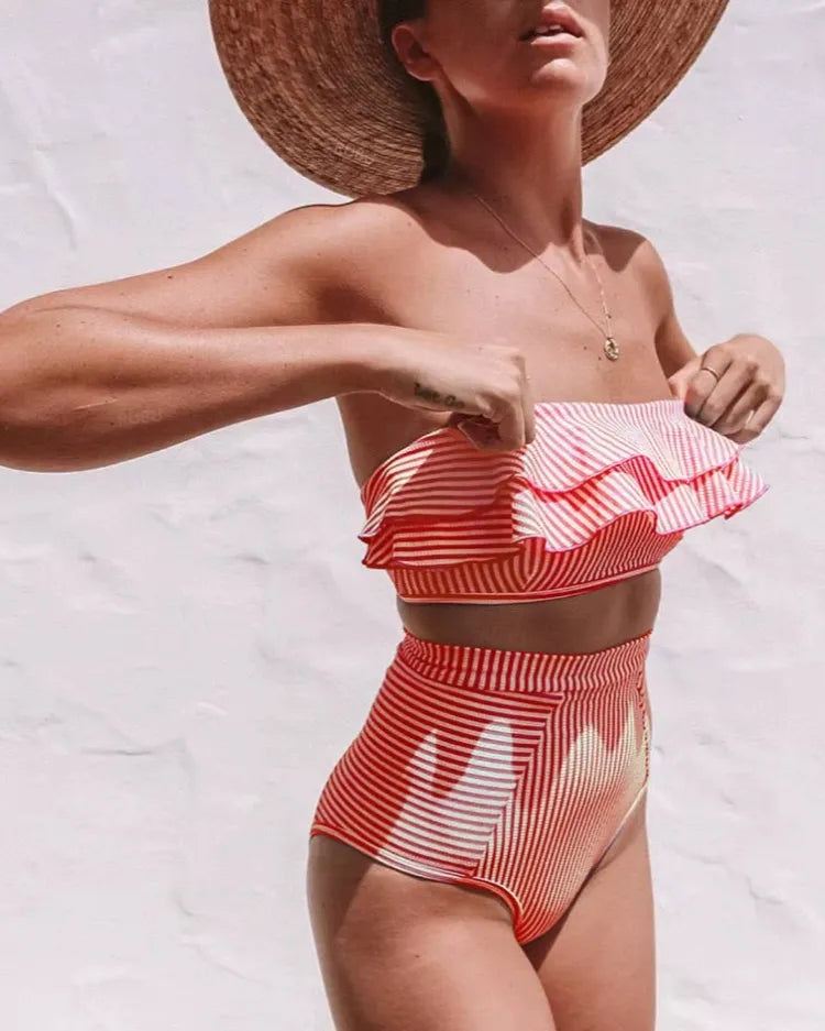 Ruffled Bandeau High Waist Bikini - Voldina