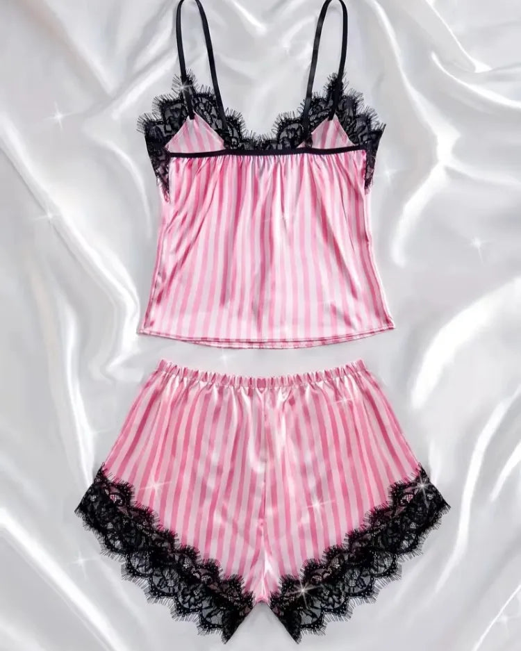 Satin Lace Pyjama Shorts Set - Voldina