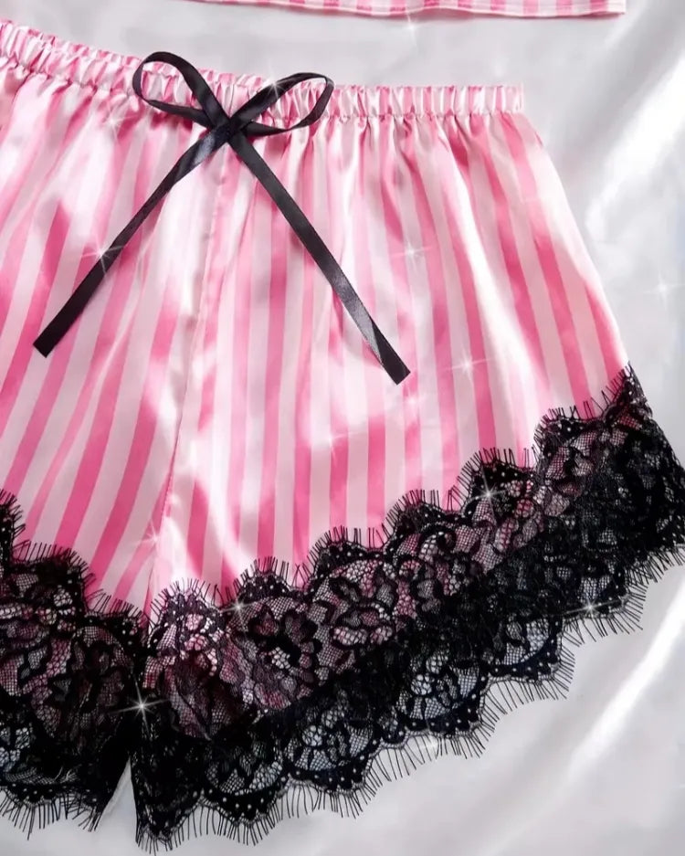 Satin Lace Pyjama Shorts Set - Voldina