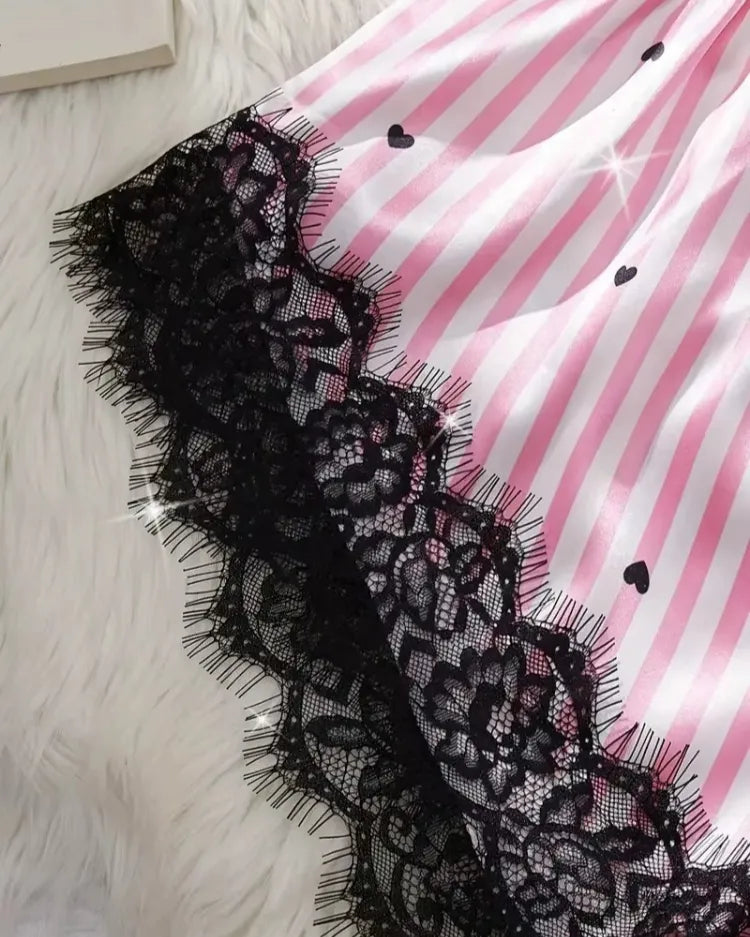 Satin Lace Pyjama Shorts Set - Voldina