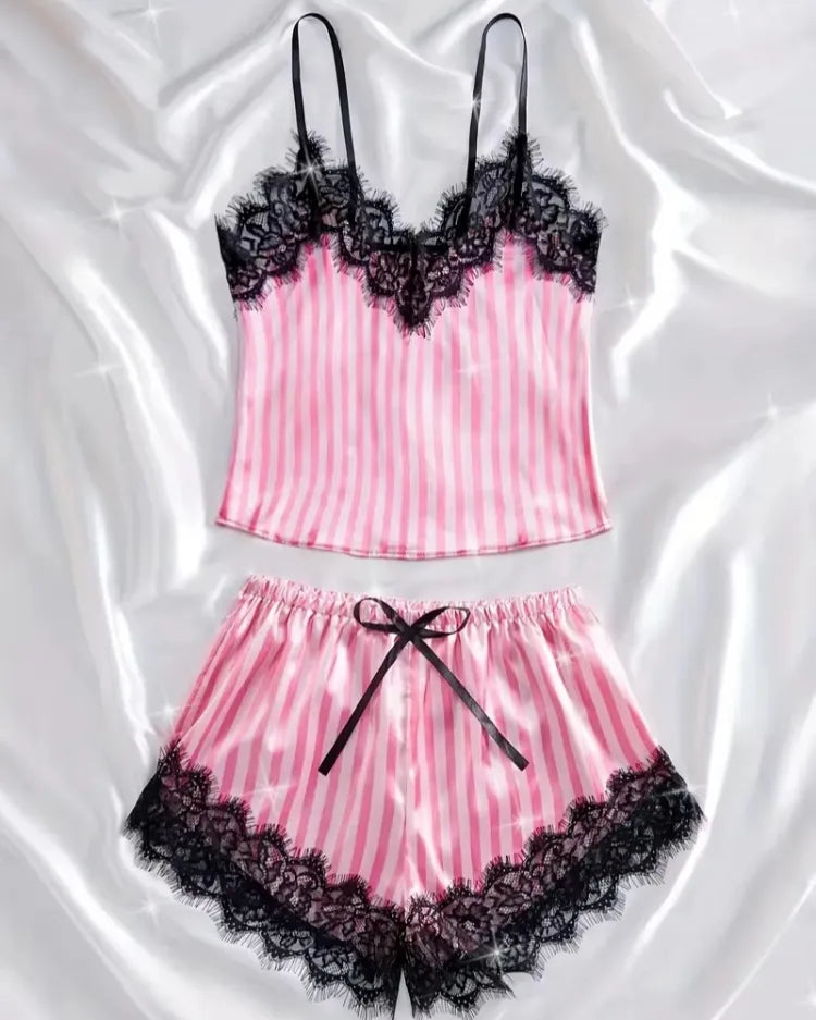 Satin Lace Pyjama Shorts Set - Voldina