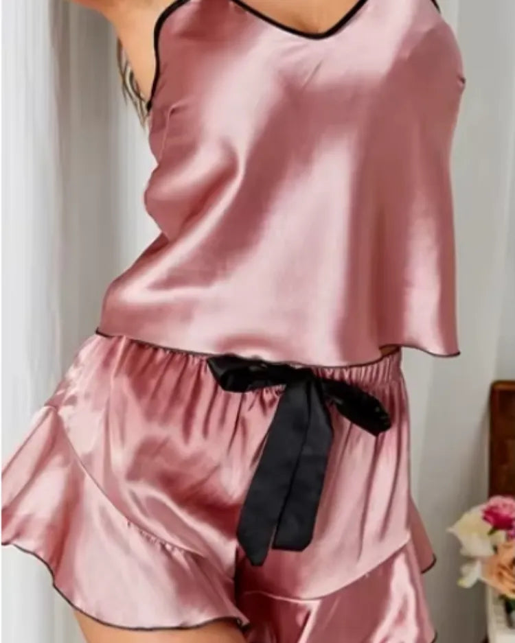Satin Ruffle-Trim Pyjama Set - Voldina