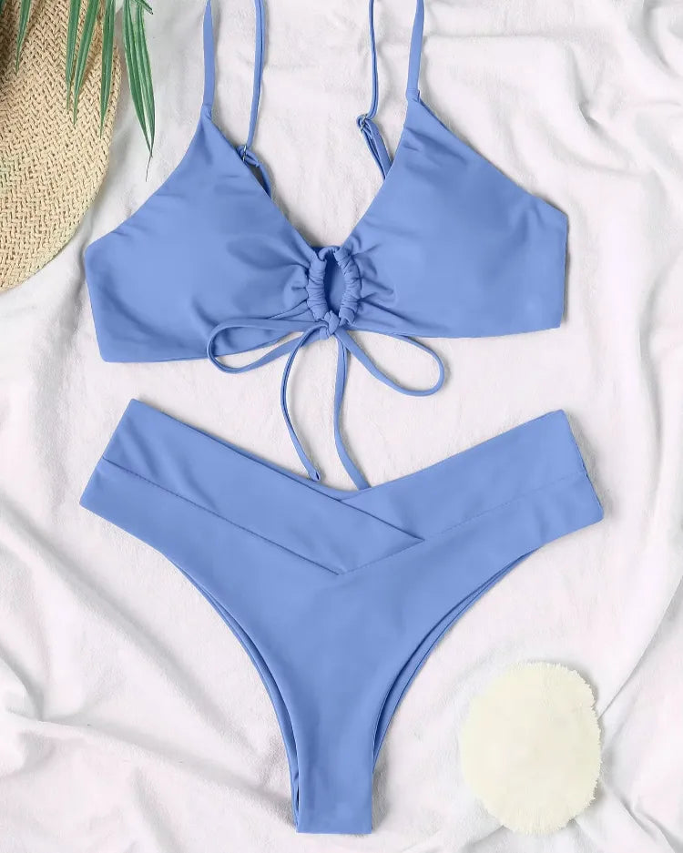Solid Lace-Up Bikini Set - Voldina