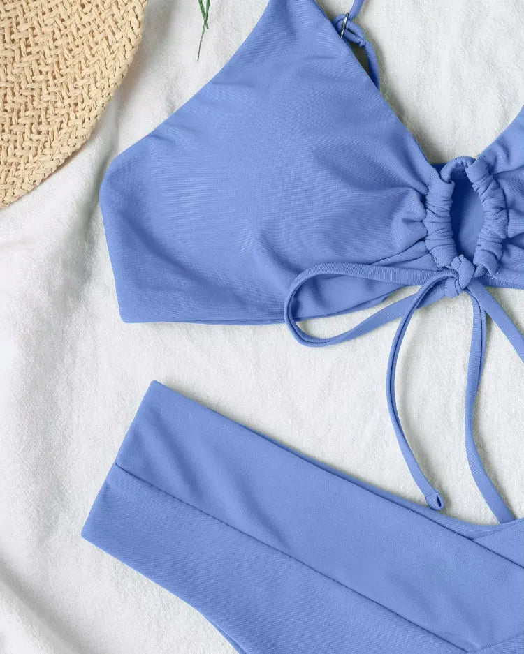 Solid Lace-Up Bikini Set - Voldina