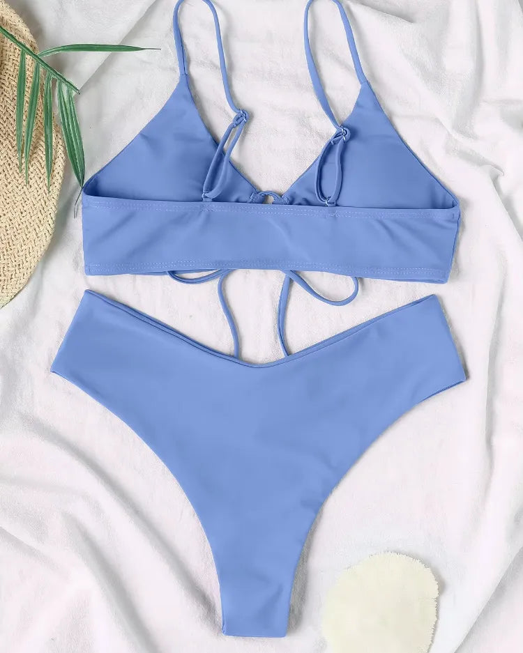 Solid Lace-Up Bikini Set - Voldina