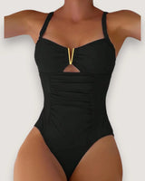 Pleated V-Neck High-Cut Swimsuit - Voldina