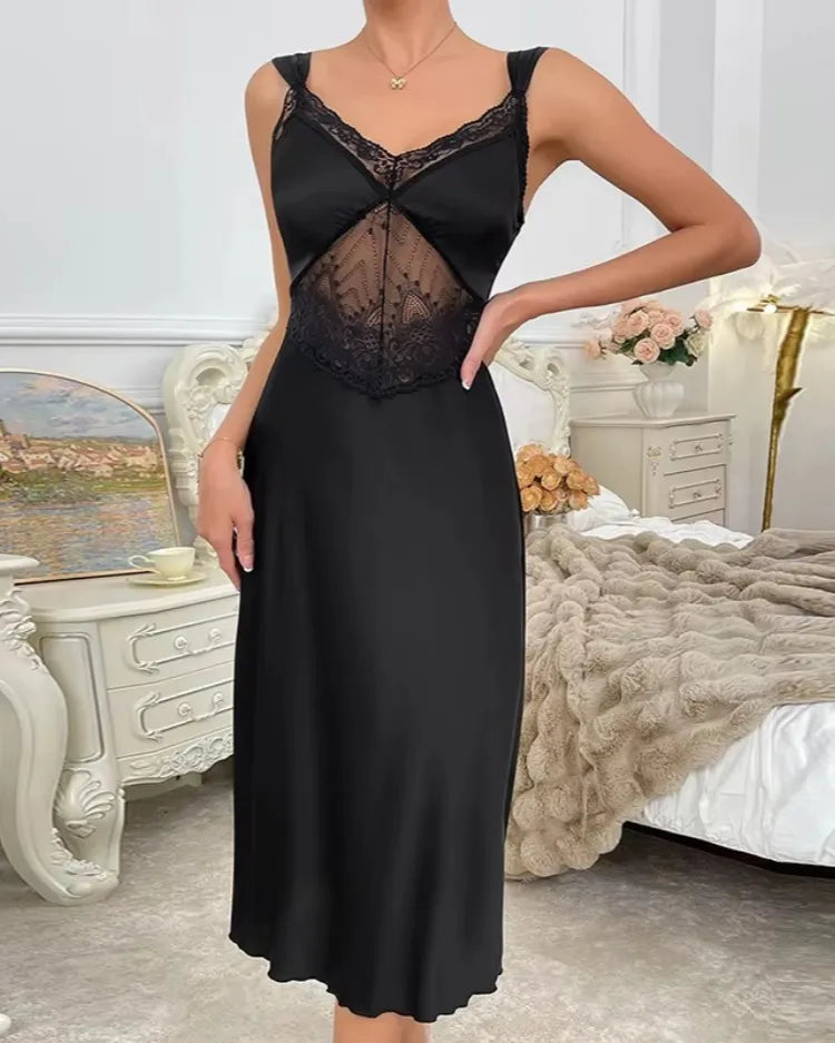 Black Satin Lace Nightdress - Voldina