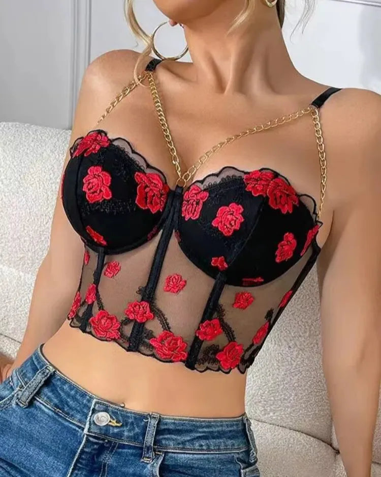 Floral Embroidered Bustier Top - Voldina