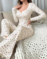 Floral Lettuce-Trim Pyjama Set - Voldina