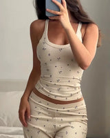 Floral Ribbed Lounge Set - Voldina