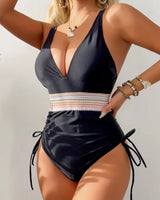 Plunge Drawstring One-Piece Swimsuit - Voldina