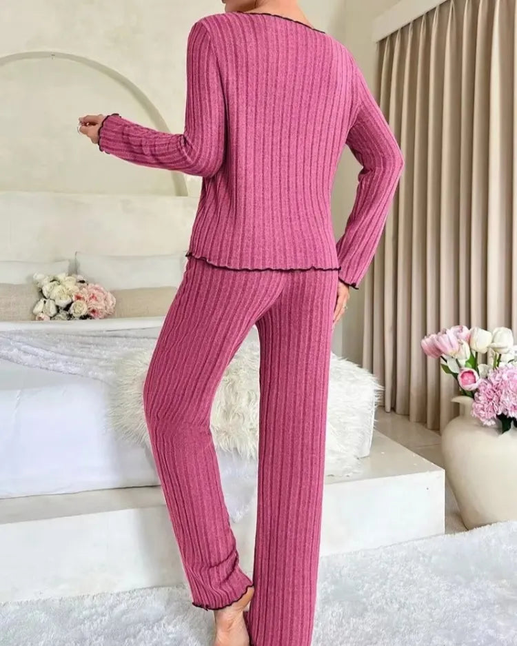 Ribbed Long-Sleeved Pyjama Set - Voldina