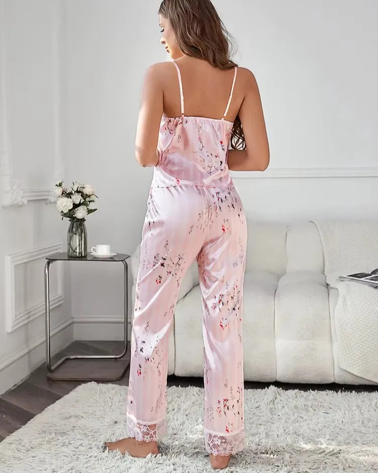 Striped Floral Satin Pyjama Set - Voldina