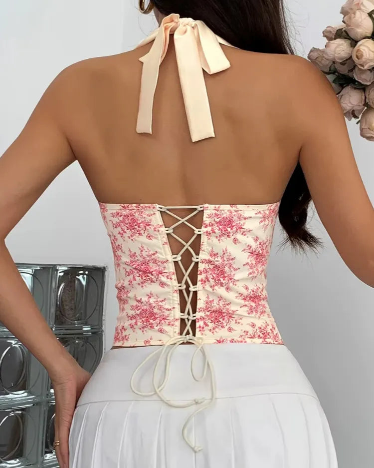 Structured Floral Halter Corset Top - Voldina