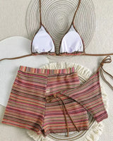 Textured Knit Triangle Bikini & Shorts Set - Voldina