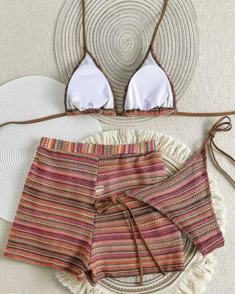 Textured Knit Triangle Bikini & Shorts Set - Voldina